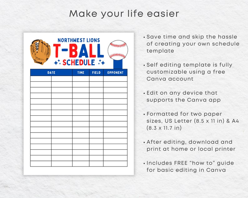 Editable Tball Schedule Template Printable Tball Game Etsy