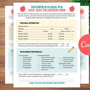 May include: A volunteer form for Southfield School PTA with a green and blue color scheme. The form includes sections for personal information, involvement preferences, and a thank you message. The form is decorated with red apple graphics.