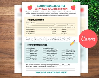 May include: A volunteer form for Southfield School PTA with a green and blue color scheme. The form includes sections for personal information, involvement preferences, and a thank you message. The form is decorated with red apple graphics.