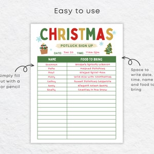 K&ouml;nnte beinhalten: Ein druckbares Anmeldeformular f&uuml;r ein Weihnachts-Potluck mit einem festlichen gr&uuml;n-roten Farbschema. Das Anmeldeformular enth&auml;lt eine Namensliste und eine entsprechende Liste der Speisen, die mitgebracht werden sollen. Der Text "Christmas Potluck Sign Up" befindet sich oben auf dem Formular.