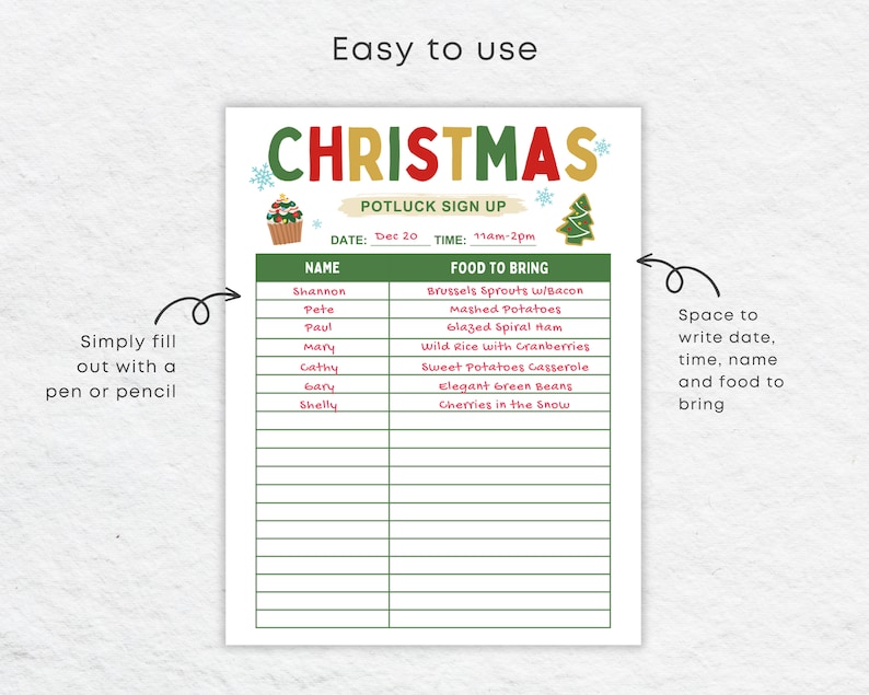 K&ouml;nnte beinhalten: Ein druckbares Anmeldeformular f&uuml;r ein Weihnachts-Potluck mit einem festlichen gr&uuml;n-roten Farbschema. Das Anmeldeformular enth&auml;lt eine Namensliste und eine entsprechende Liste der Speisen, die mitgebracht werden sollen. Der Text "Christmas Potluck Sign Up" befindet sich oben auf dem Formular.