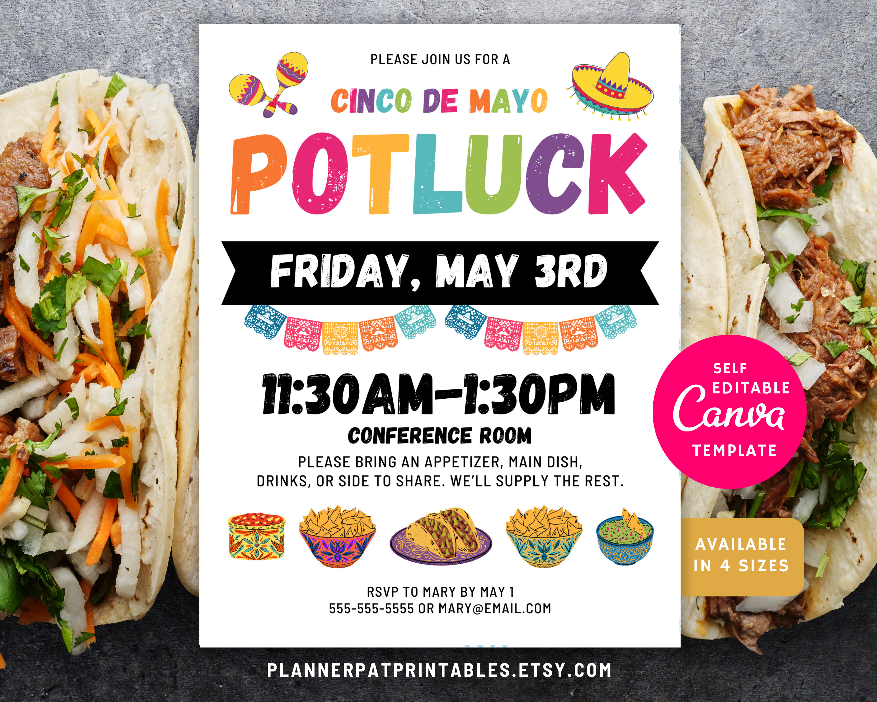 Modèle de Flyer modifiable pour le repas-partage du Cinco de Mayo, invitation Taco Fiesta, toile