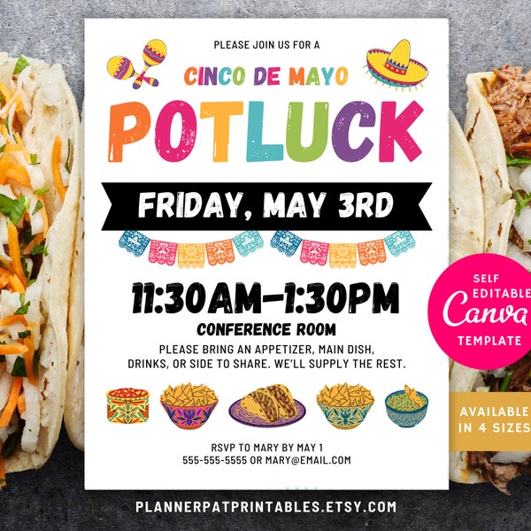 Bearbeitbare Cinco De Mayo Potluck Flyer Vorlage, Taco Fiesta Invite, Canva