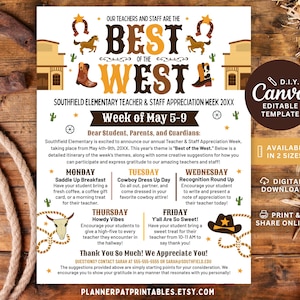 May include: A Western-themed flyer for Southfield Elementary Teacher & Staff Appreciation Week, May 5-9, with a cowboy boot, horse, and cactus illustrations. The flyer includes text such as "Best of the West" and "Cowboy Dress Up Day."