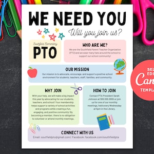Editable PTA About Us Flyer Template | PTO Who We Are Printable | Canva School Flyer