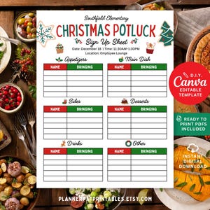 May include: A Christmas potluck sign-up sheet with sections for appetizers, main dishes, sides, desserts, drinks, and other. The sheet includes the date, time, and location. The design features festive graphics and the text "D.I.Y. Canva Editable Template."