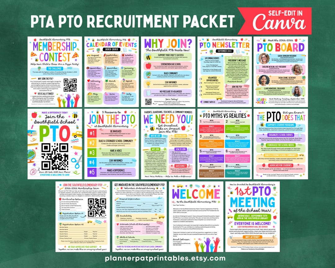 Handouts Sign Editable PTO Recruitment Packet | Canva PTA Membership Flyers ...