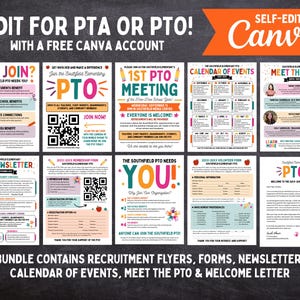 Puede incluir: Un paquete de folletos de reclutamiento, formularios, un boletín informativo, un calendario de eventos y una carta de bienvenida para una PTA o PTO. Los folletos tienen diseños coloridos con texto como "¿Por qué unirse?" y "Conoce la PTO".