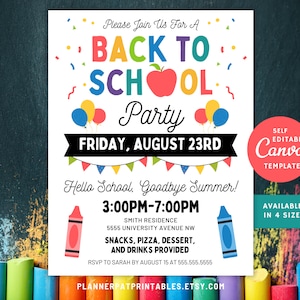 Back to School Party Invite, organized to include End of Summer party details such as date time activities, sizes include letter, a4, 5x7in, and 11x14in