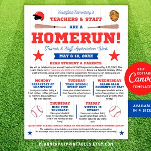 Folleto de itinerario del boletín informativo para padres con temática de béisbol editable para la Semana de agradecimiento a maestros y personal. Plantilla de Canva. Hoja imprimible para llevar a casa.