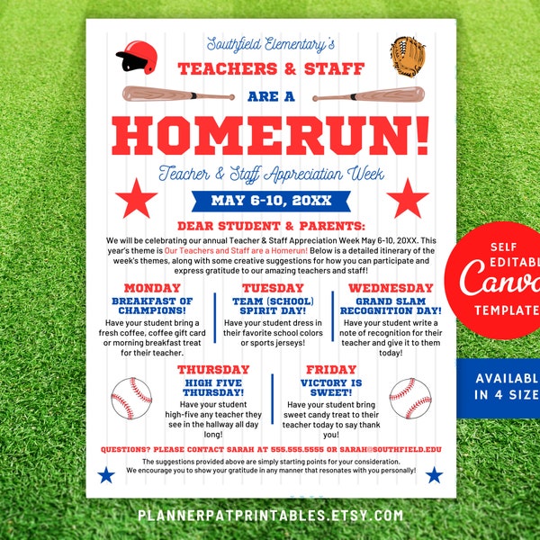 Editable Baseball Theme Parent Newsletter Itinerary Flyer for Teacher & Staff Appreciation Week, Canva