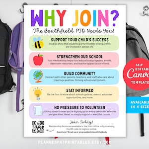 Editable Why Join the PTO PTA Flyer Template | Canva School Volunteer Recruitment Poster | Printable Parent Teacher Group Sign