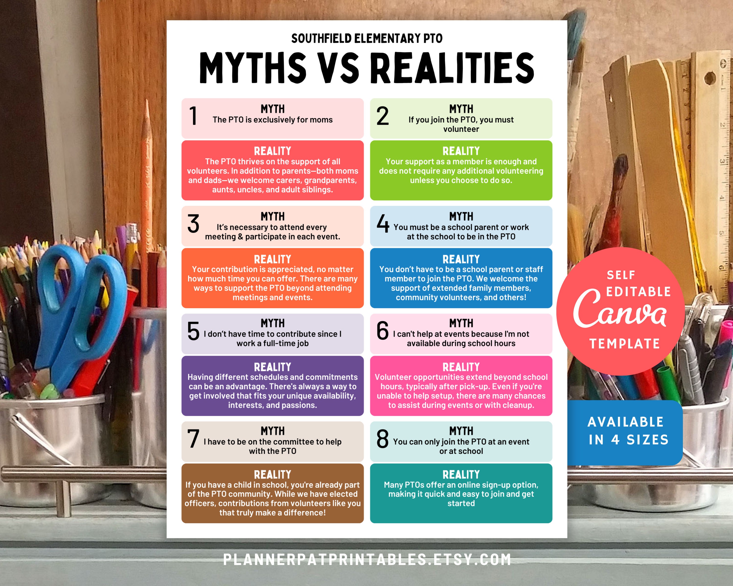 Editable PTA Myths Flyer Template | Canva PTO Membership Facts & Misconceptions Printable | Parent Group Recruitment Handout