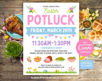 Editable Easter Potluck Invite, Spring Potluck Party Printable, Canva Template