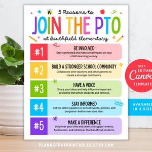 Editable Top 5 Reasons to Join the PTA PTO Flyer | Canva Volunteer Recruitment Poster Template for School Parent Groups
