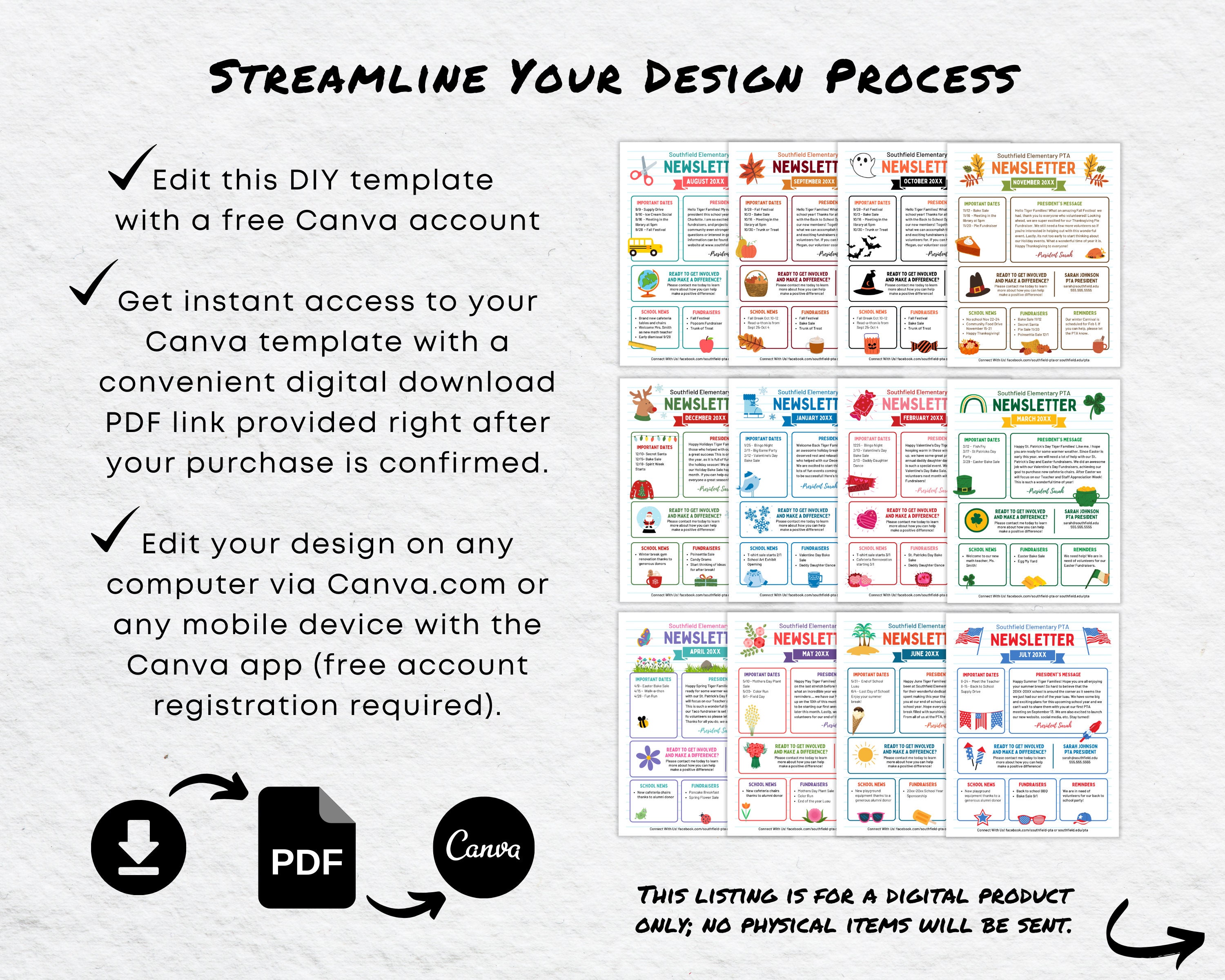 Editable PTA PTO Newsletter Bundle | 12 School Communication Canva ...