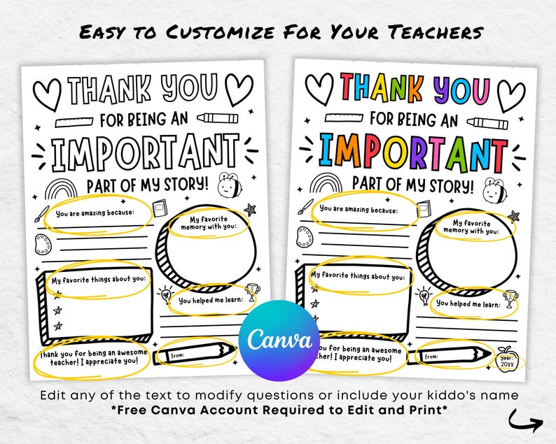 May include: Printable thank you card for teachers with a colorful "Thank You for being an Important Part of My Story!" title. The card has space for students to write about their favorite memories with their teacher, things they learned, and why they are amazing.