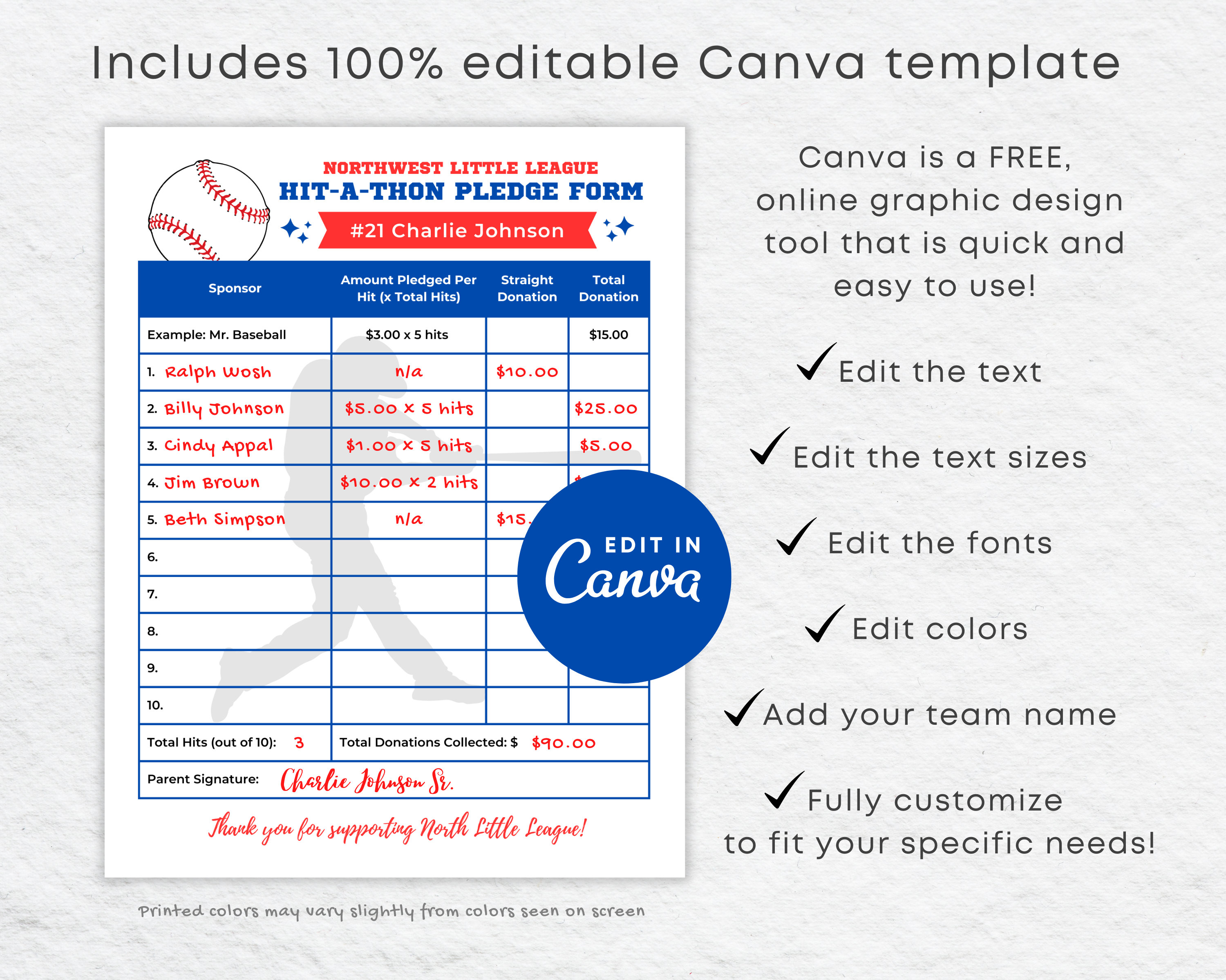 Hit Class Template Editable Baseball Hit-a-thon Fundraiser Pledge Sheet Canva Template ...