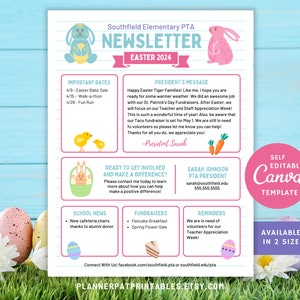 Plantilla editable de boletín informativo de Pascua, Noticias escolares mensuales de la PTO, Plantilla de Canva