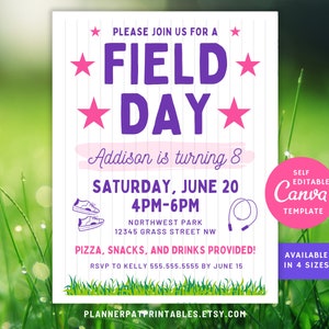 Plantilla editable de invitación al día de campo con temática de niñas, invitación al día de diversión olímpica, Canva