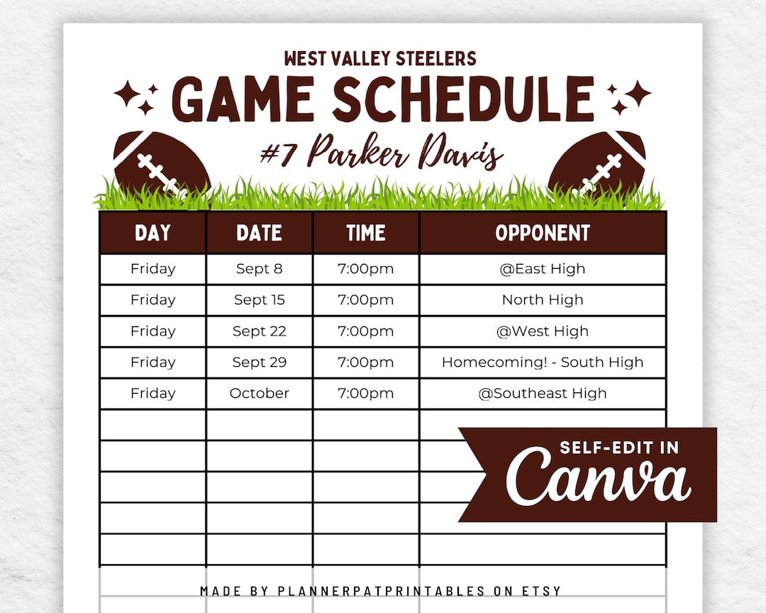 Editable Football Schedule Template Football Practice or Game Etsy