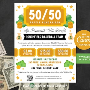 Bearbeitbar 50 50 Raffle Flyer Canva Vorlage, 5050 Fundraiser Raffle Printable