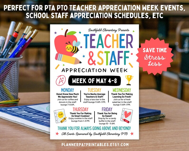 School Theme Teacher & Staff Appreciation Week Itinerary Flyer (canva ...