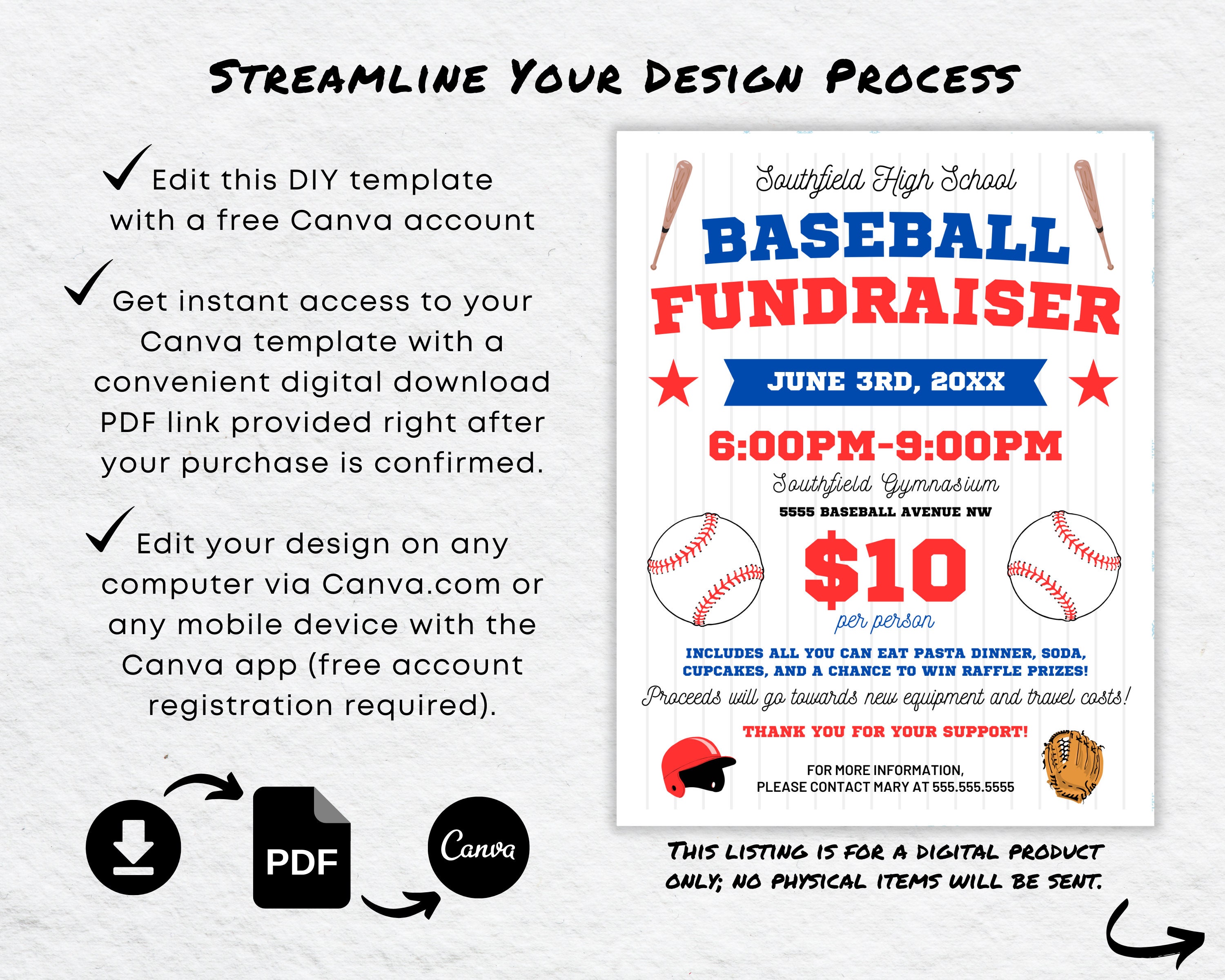 Editable Baseball Fundraiser Flyer Template, Team Raffle Poster (canva ...