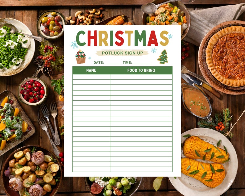 K&ouml;nnte beinhalten: Ein druckbares Anmeldeformular f&uuml;r ein Weihnachts-Potluck mit einem festlichen gr&uuml;n-rot-wei&szlig;en Farbschema. Das Anmeldeformular hat einen Titel, der "Christmas Potluck Sign Up" lautet und Spalten f&uuml;r "Name" und "Food to Bring" enth&auml;lt.