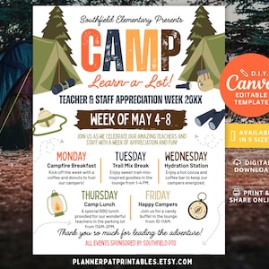 Camp Theme Teacher Appreciation Week Flyer Template with staff appreciation schedule, editable Canva school poster. Template sizes include 8.5x11in, A4, 11x14in, 16x20in, and 5x7in