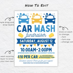 May include: A blue and yellow printable flyer for a car wash fundraiser. The flyer includes the text "CAR WASH fundraiser", "SATURDAY, AUGUST 12", "10:00AM-2:00PM", "$10 PER CAR", and "ALL PROCEEDS BENEFIT JEFFERSON BASEBALL TEAM!"