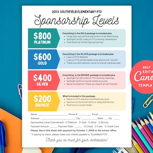 Plantilla editable de formulario de niveles de patrocinio de PTO PTA, formulario sin fines de lucro, Canva