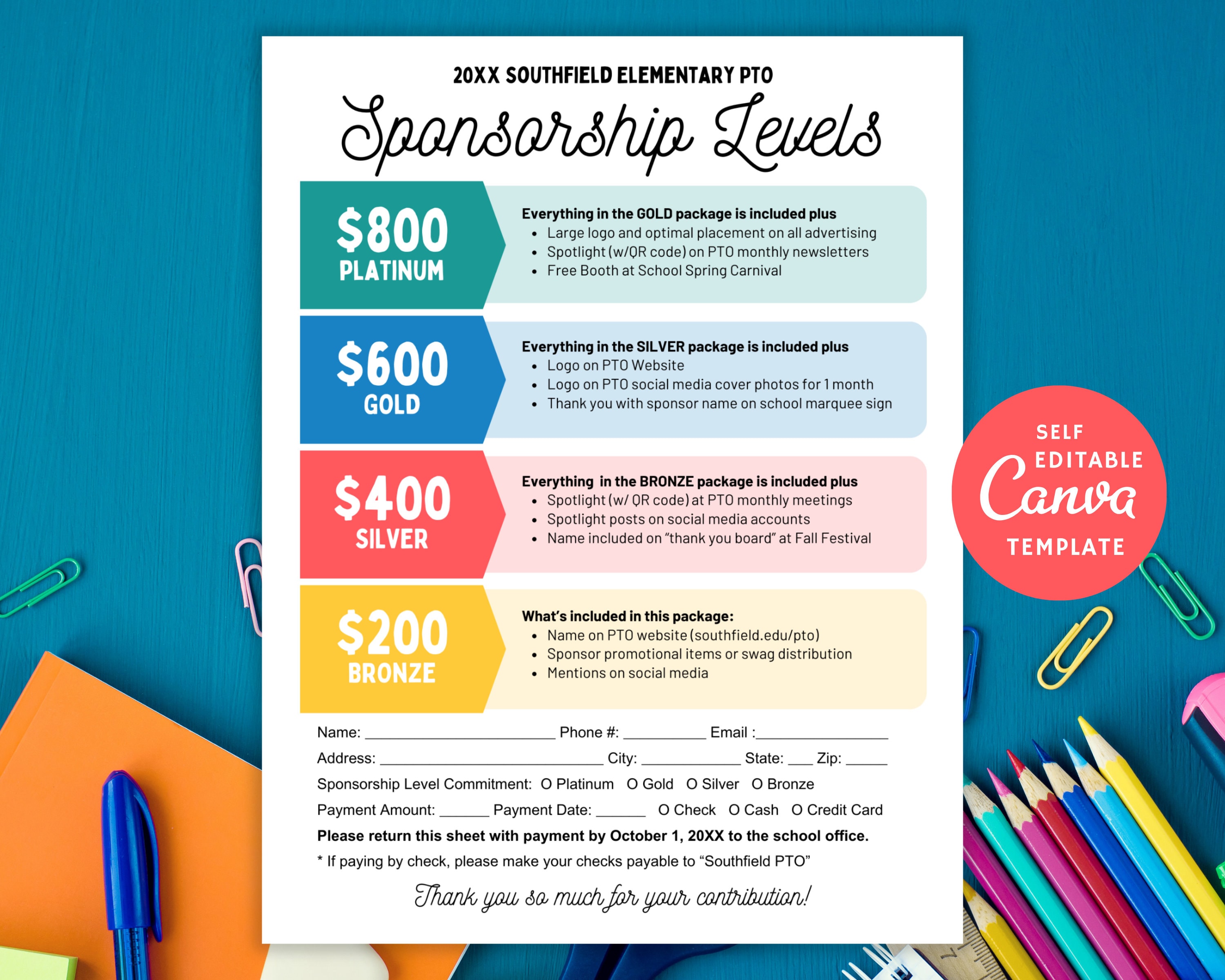 PTO PTA Sponsorship Levels Form Editable Template, Non-Profit Form, Canva