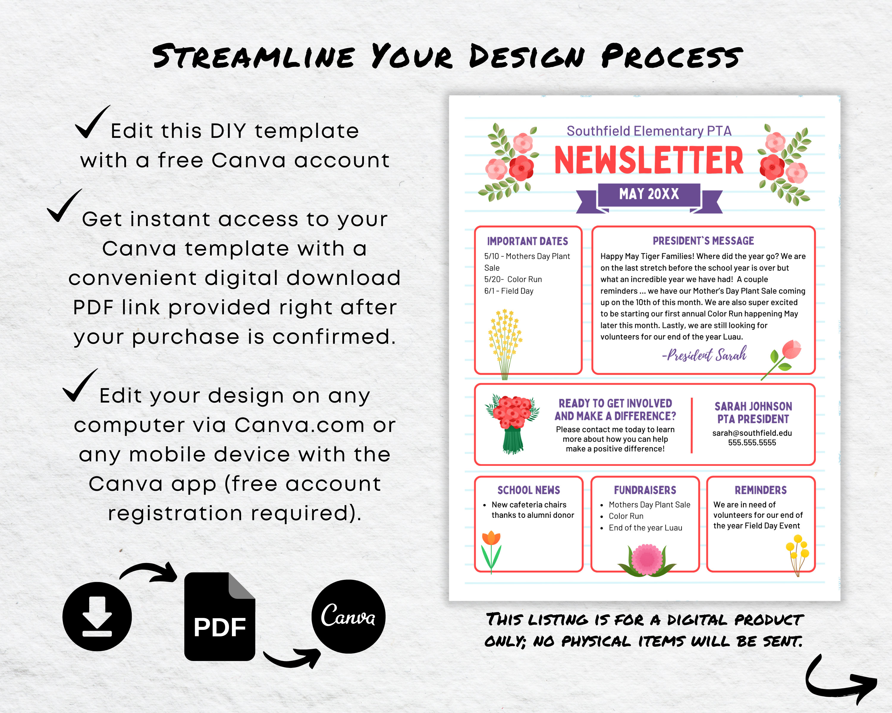 Editable May Newsletter Canva Template, School PTO PTA May News ...