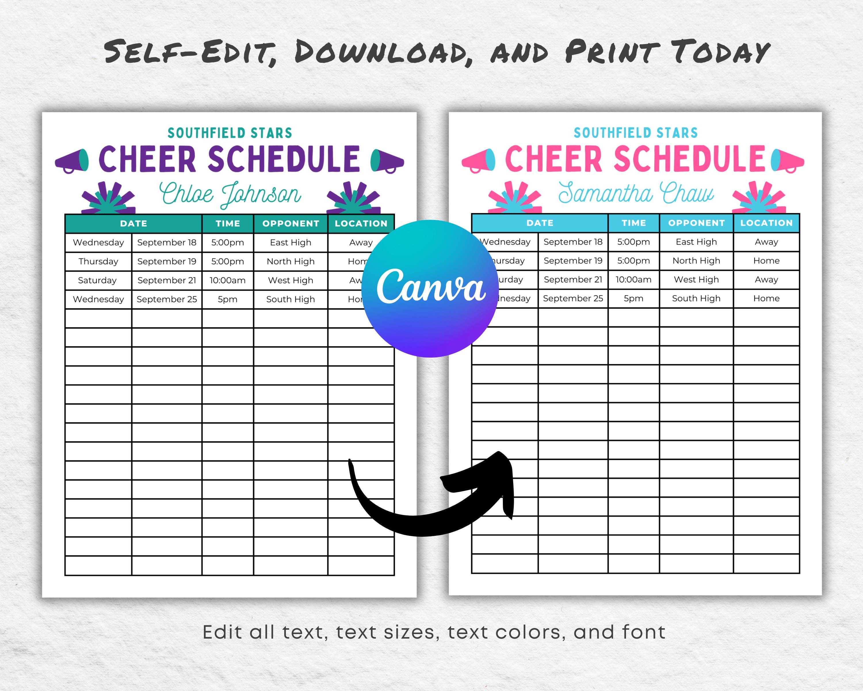 Editable Cheer Schedule Template, Cheerleader Practice or Game Calendar ...