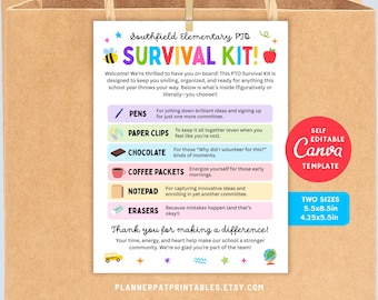 May include: A printable PTO Survival Kit with the text "SURVIVAL KIT!" and a list of items like pens, paper clips, chocolate, coffee packets, notepad, and erasers. The kit is designed for school volunteers and comes in two sizes: 5.5x8.5in and 4.25x5.5in.