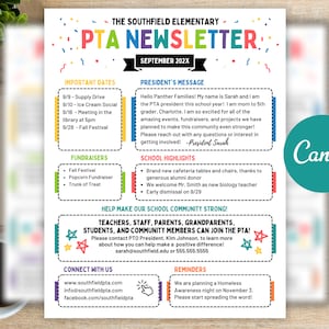 Plantilla editable del boletín informativo de la PTA para resaltar las noticias mensuales en el aula escolar
