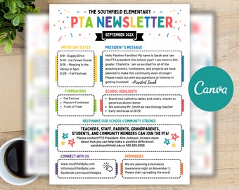 Modèle modifiable de newsletter PTA pour mettre en évidence les actualités scolaires mensuelles