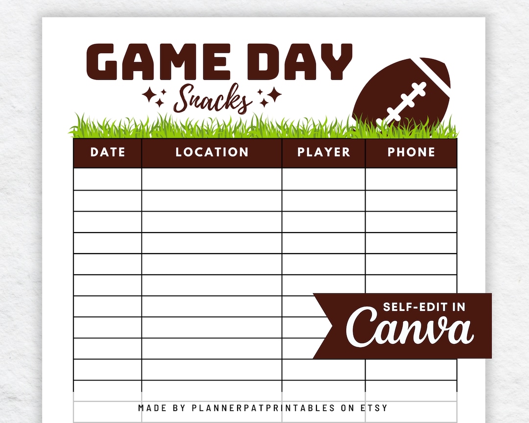 Football Snack Schedule Sign up Sheet Printable Editable Canva Template Football Snack Schedule Sign up Sheet Printable Editable Canva Template