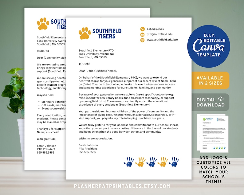 Pto Request Lettering Printable Editable PTA PTO Event Donation Request & Thank You Letter Templates ...