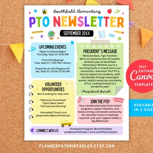 Könnte beinhalten: Ein farbenfroher Eltern-Lehrer-Newsletter mit der Überschrift "PTO NEWSLETTER" in großen, leuchtenden Buchstaben. Der Newsletter enthält Veranstaltungshinweise, Möglichkeiten zur ehrenamtlichen Mitarbeit und eine Nachricht des Präsidenten. Das Design enthält schulische Grafiken und ist in zwei Größen erhältlich.