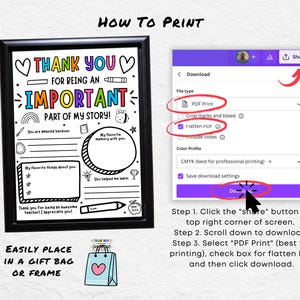 May include: A printable "Thank You" card for a teacher or mentor. The card has a colorful design with a rainbow, a bee, and a trophy. It includes space to write about favorite memories and things you appreciate about the person. Instructions are provided on how to download and print the card as a PDF.
