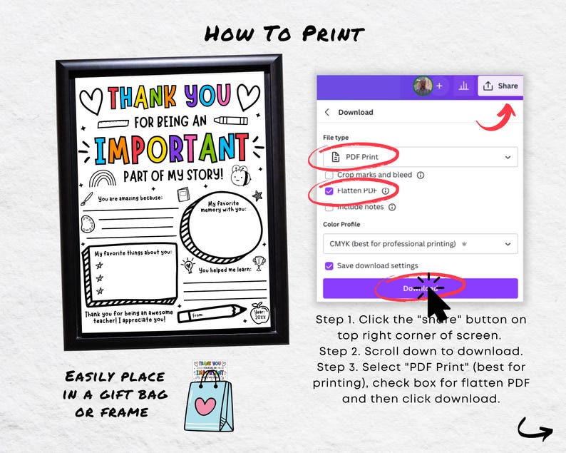 May include: A printable "Thank You" card for a teacher or mentor. The card has a colorful design with a rainbow, a bee, and a trophy. It includes space to write about favorite memories and things you appreciate about the person. Instructions are provided on how to download and print the card as a PDF.