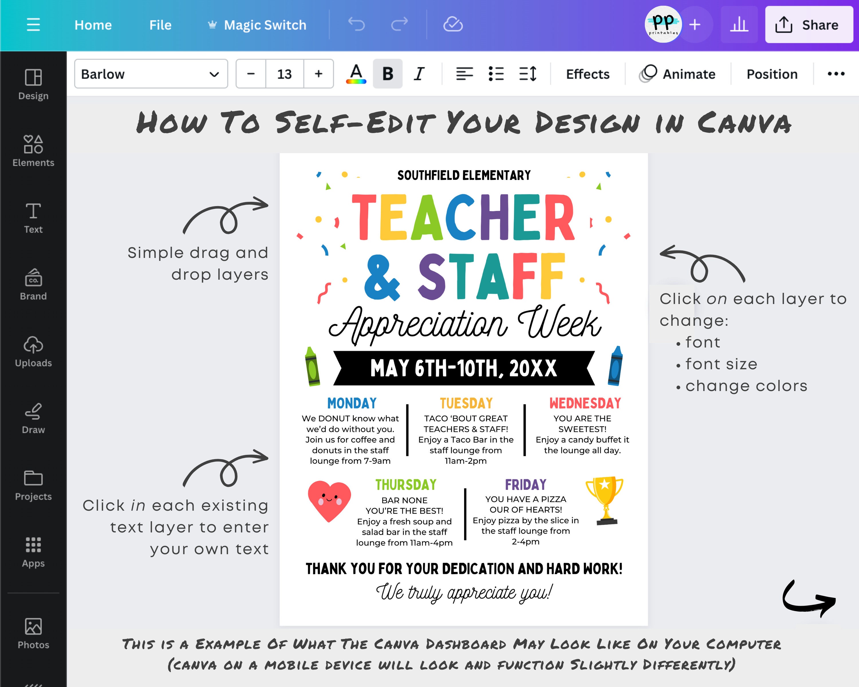 Editable Teacher & Staff Appreciation Week Itinerary Flyer (canva ...