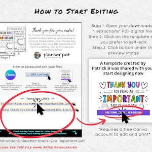 May include: A step-by-step guide on how to edit a "Thank You for Being an Important Part of My Story" printable template using Canva. The guide includes instructions on how to access and edit the template, as well as links to different template sizes. The image also shows a preview of the template, which features a colorful design with hearts, rainbows, and a pencil.