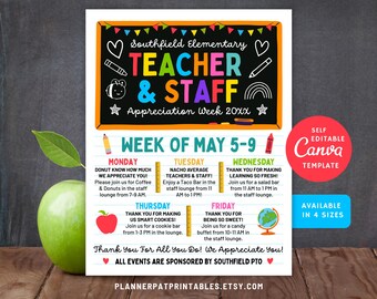 May include: A printable flyer for Teacher & Staff Appreciation Week at Southfield Elementary School. The flyer is decorated with hearts, stars, and a chalkboard background. It lists events for each day of the week, including a donut breakfast, taco bar, salad bar, cookie bar, and candy buffet. The flyer also states that all events are sponsored by the Southfield PTO.