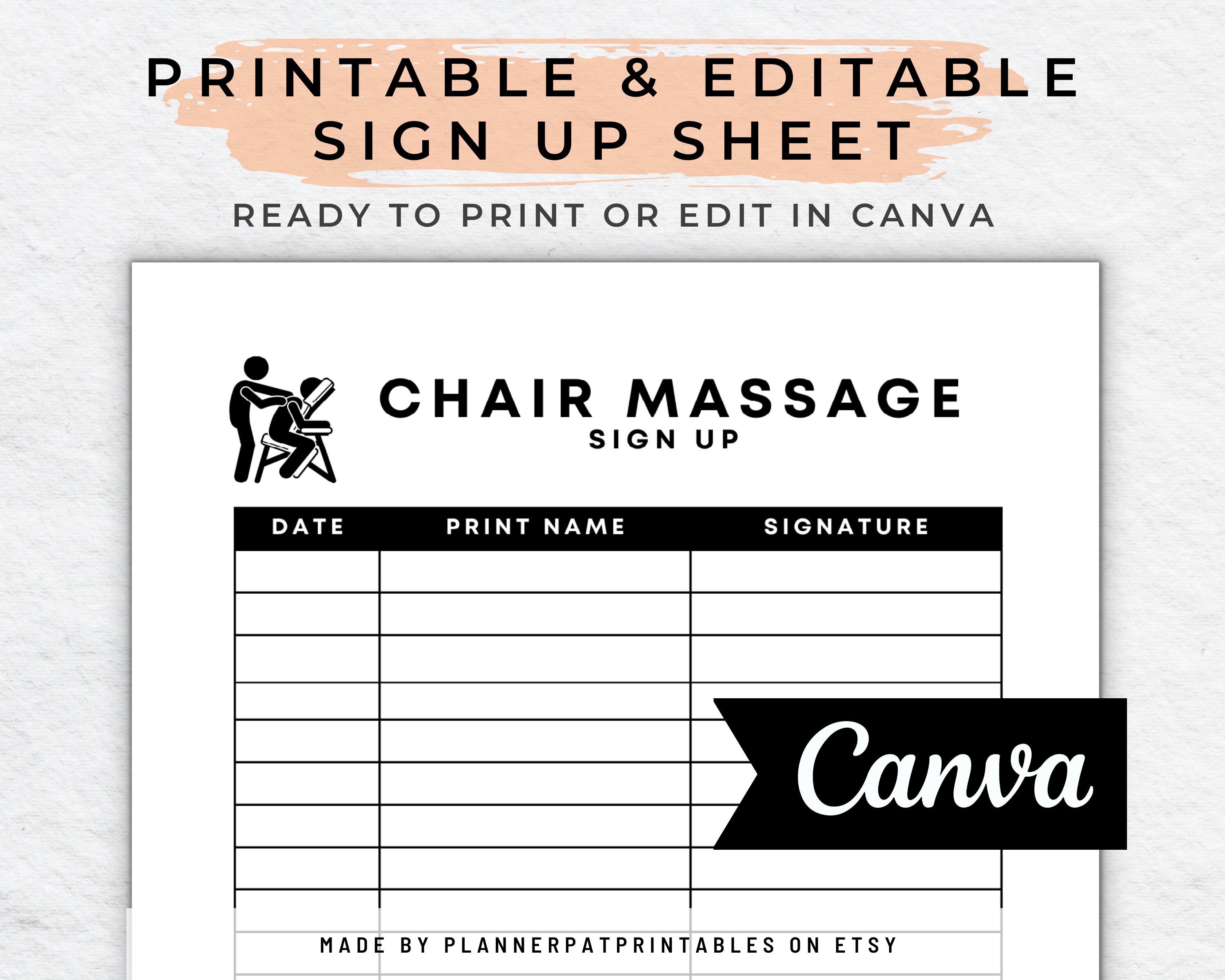 Editable Chair Massage Sign Up Sheet Printable For Massage Etsy