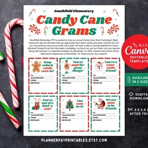 Może przedstawiać: Drukowany szablon Candy Cane Gram z czerwoną i zieloną obwódką. Szablon zawiera miejsca na napisanie wiadomości i imienia odbiorcy. Projekt zawiera laski cukrowe i świąteczną grafikę. Tekst brzmi "Candy Cane Grams" i "Southfield Elementary".