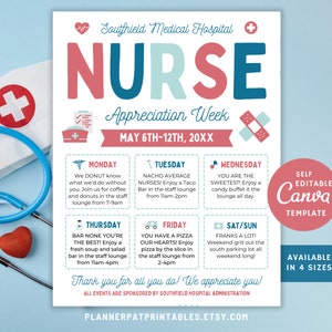 Editable Nurse Appreciation Week Flyer | Nursing Itinerary Template | Canva Printable | Nurse Event Schedule