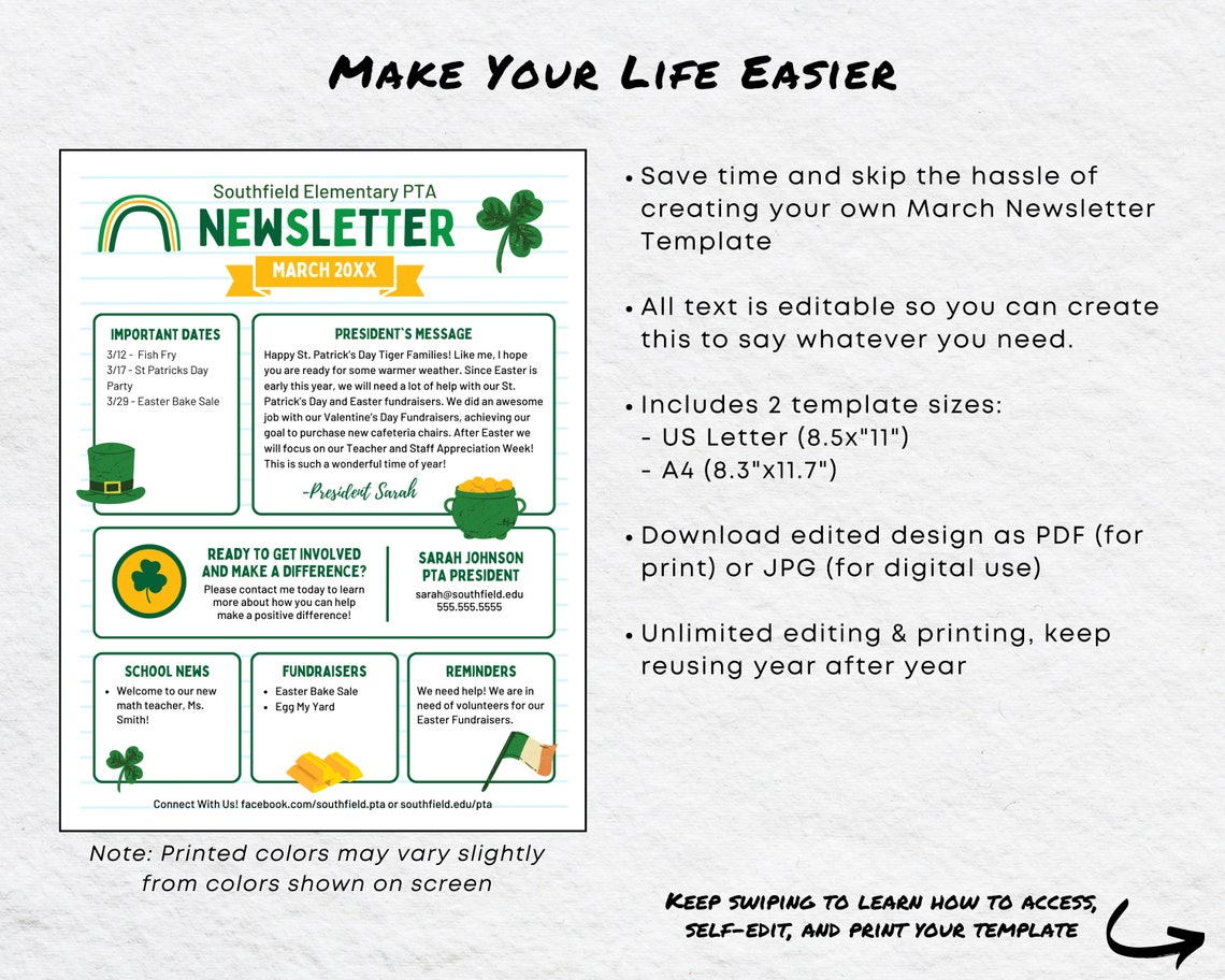 Editable March Newsletter Template, St Patricks PTO PTA School News ...